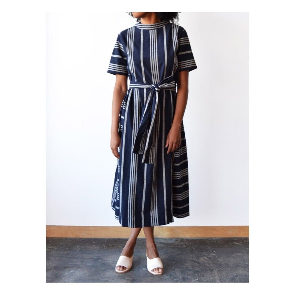 Ace & Jig Sz M Margaret Belted A-Line Midi Dress In Selvedge Blue Stripes